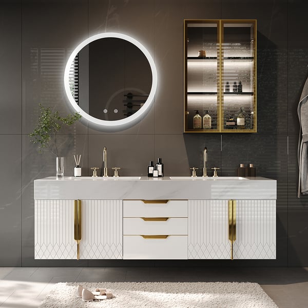 Aro 59" White Double Sink Wall Mounted Bathroom Vanity Drawers Doors Faux Marble Top