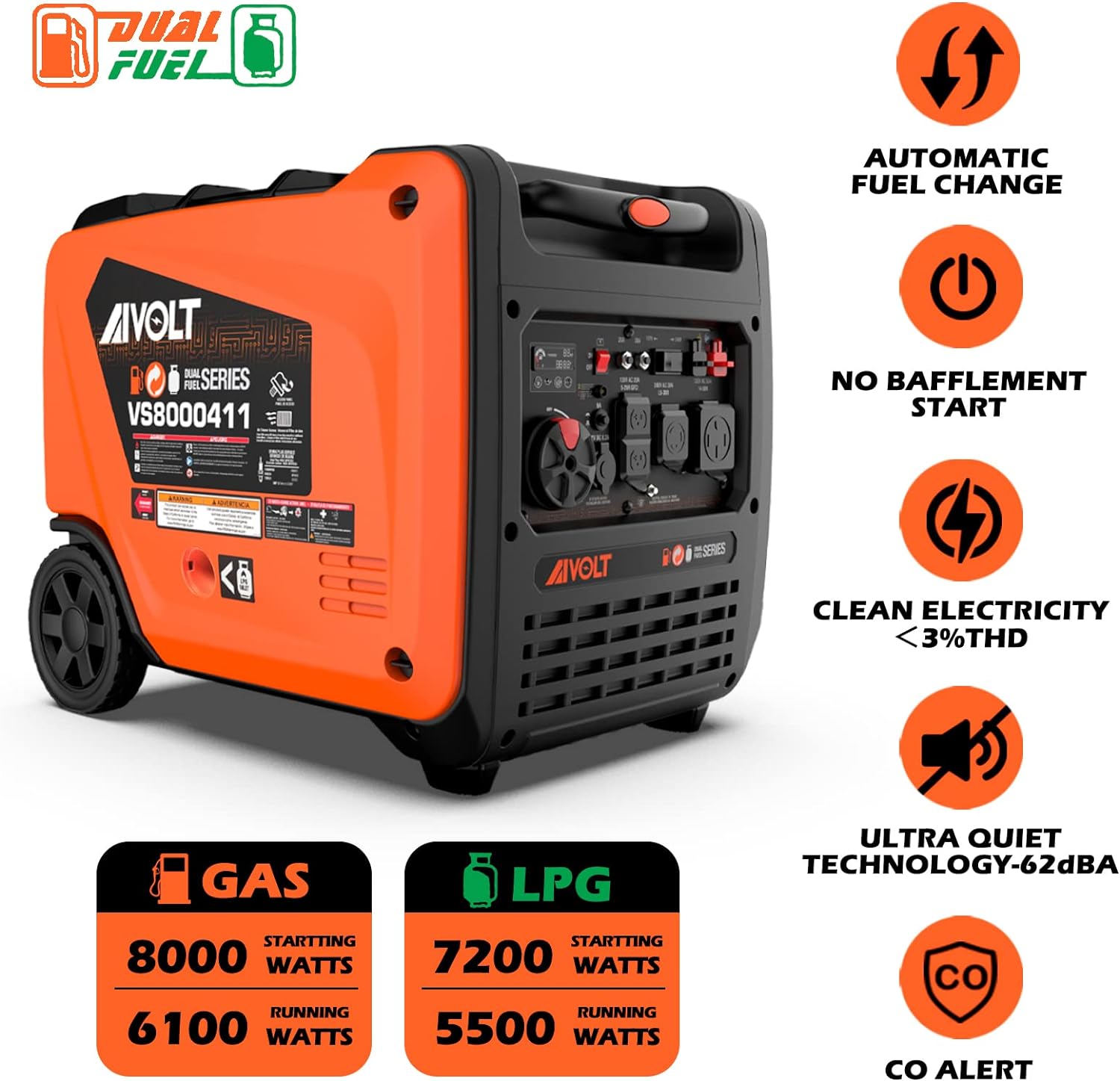 AIVOLT 8000 Watts Dual Fuel Portable Inverter Generator Super Quiet Gas Propane Powered Electric Start Outdoor Generator for Home Back Up Travel RV Camping