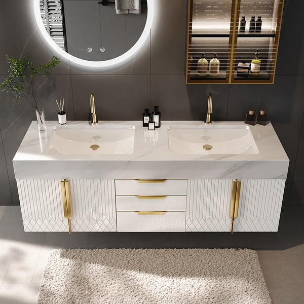 Aro 59" White Double Sink Wall Mounted Bathroom Vanity Drawers Doors Faux Marble Top
